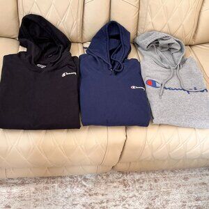 Champion Hoodie Bundle Men’s Size Large (3) Long Sleeve Black Navy Gray Sweatshi